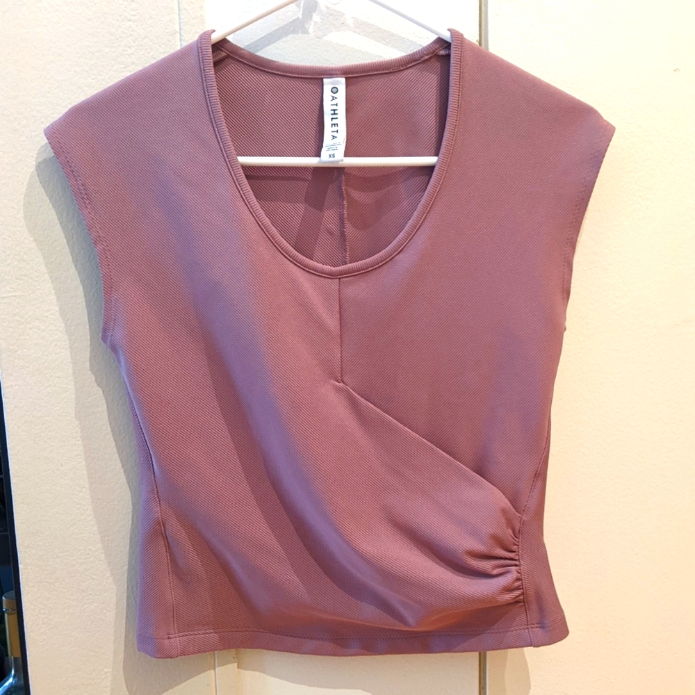 Mauve Athleta Bayview Tee, Faux Wrap, Cropped Active Wear Top, Size XS